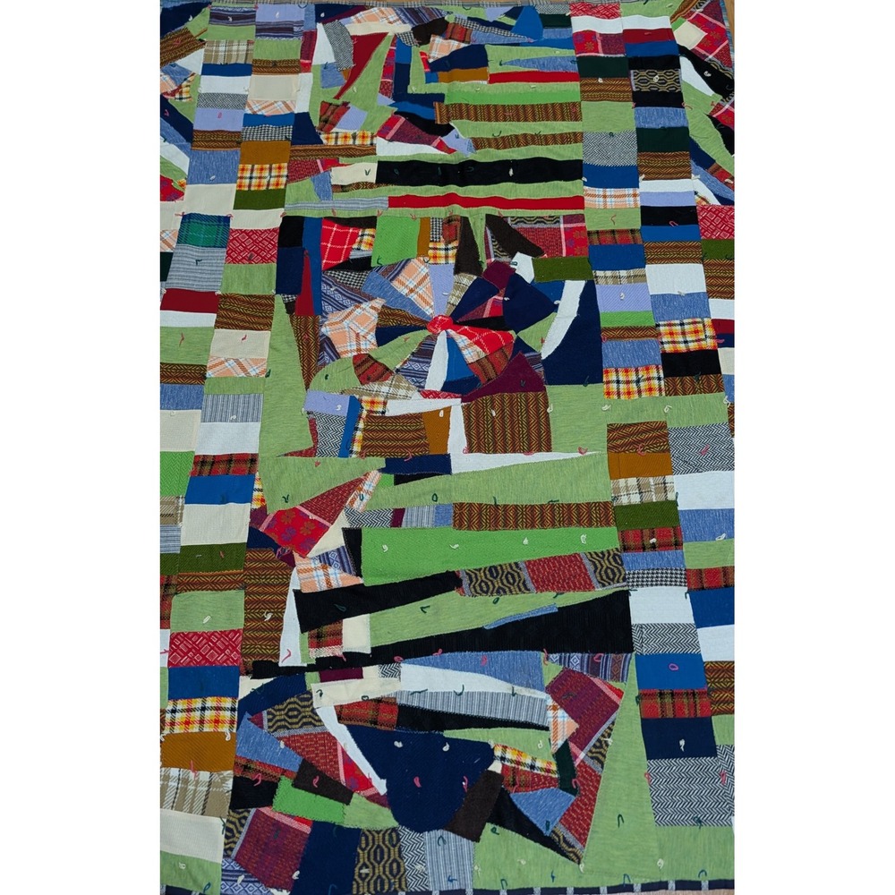 Vintage Handmade Crazy Quilt Scrap Patchwork Quilt Mixed Fabrics 6 Lb